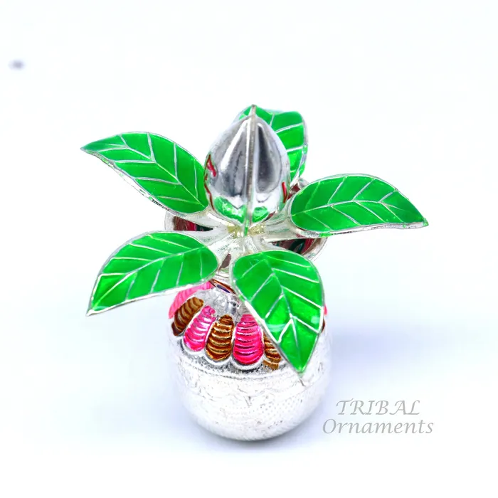 TRIBAL ORNAMENTS Necklaces Gorgeous Sterling silver handmade vintage design puja kalash with silver coconuts and leaf excellent home temple article worshipping su818
