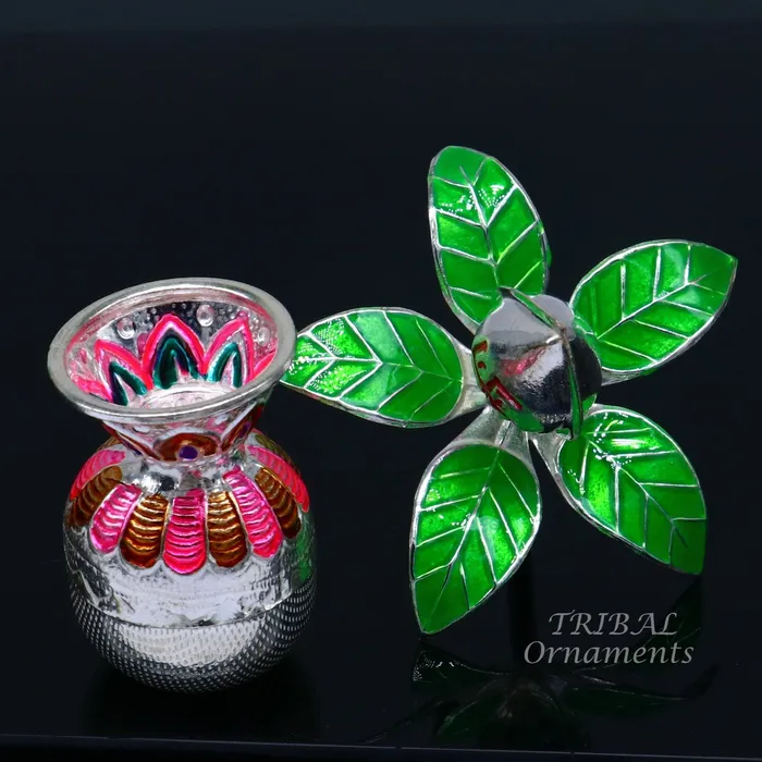 TRIBAL ORNAMENTS Necklaces Gorgeous Sterling silver handmade vintage design puja kalash with silver coconuts and leaf excellent home temple article worshipping su818