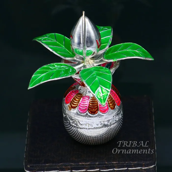TRIBAL ORNAMENTS Necklaces Gorgeous Sterling silver handmade vintage design puja kalash with silver coconuts and leaf excellent home temple article worshipping su818