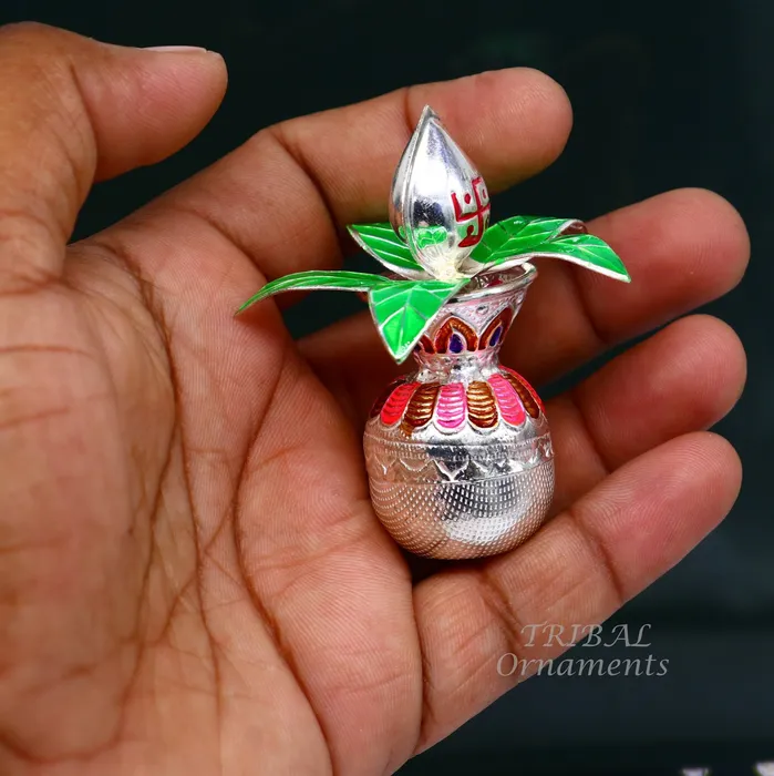 TRIBAL ORNAMENTS Necklaces Gorgeous Sterling silver handmade vintage design puja kalash with silver coconuts and leaf excellent home temple article worshipping su818
