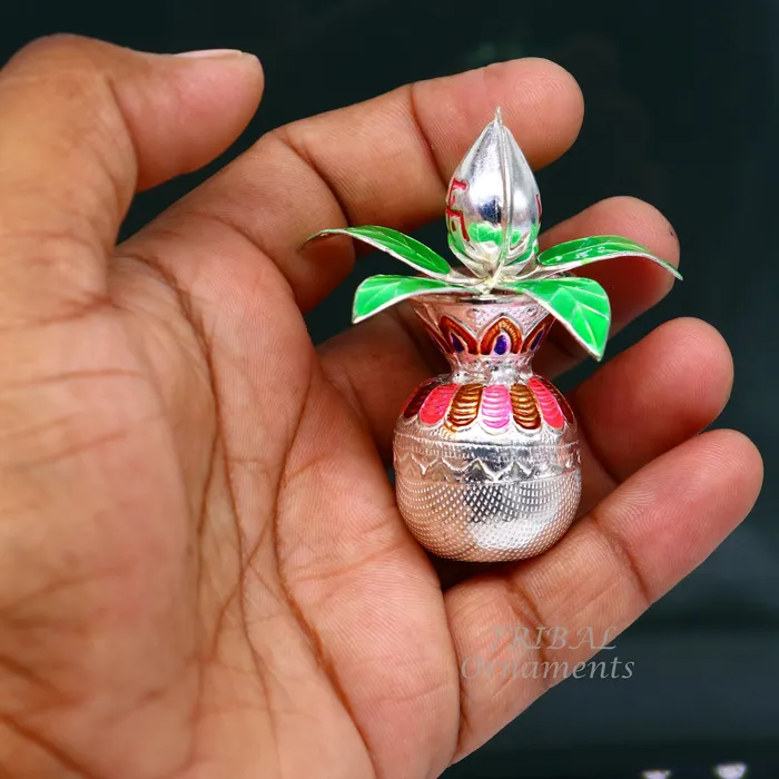 TRIBAL ORNAMENTS Necklaces Gorgeous Sterling silver handmade vintage design puja kalash with silver coconuts and leaf excellent home temple article worshipping su818