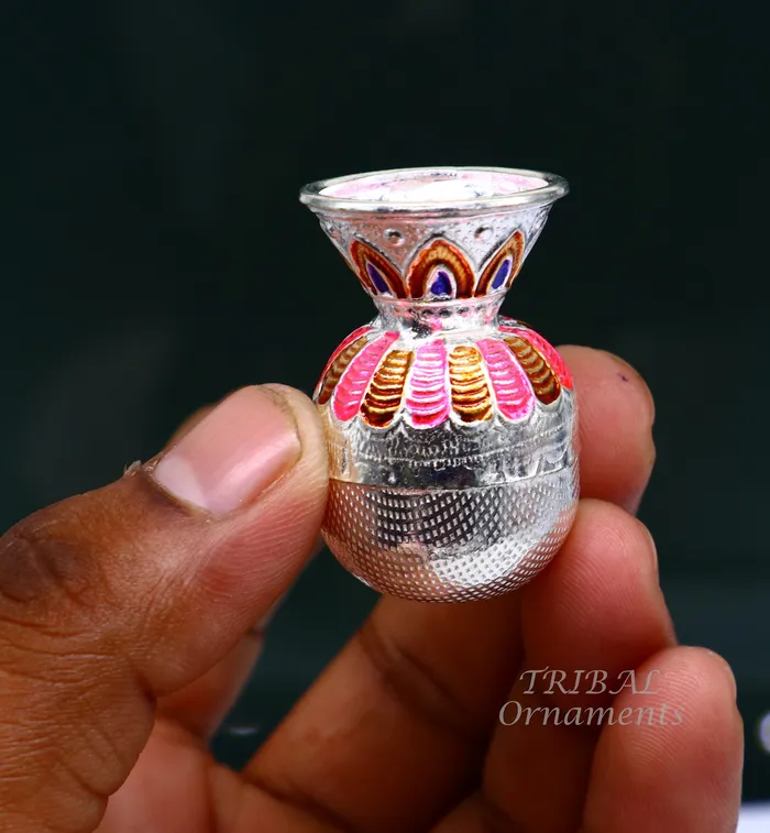 TRIBAL ORNAMENTS Necklaces Gorgeous Sterling silver handmade vintage design puja kalash with silver coconuts and leaf excellent home temple article worshipping su818