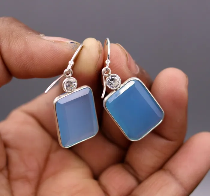 TRIBAL ORNAMENTS Pretty sky blue quartz stone 925 sterling silver drop dangle hoops earrings s124 Earrings