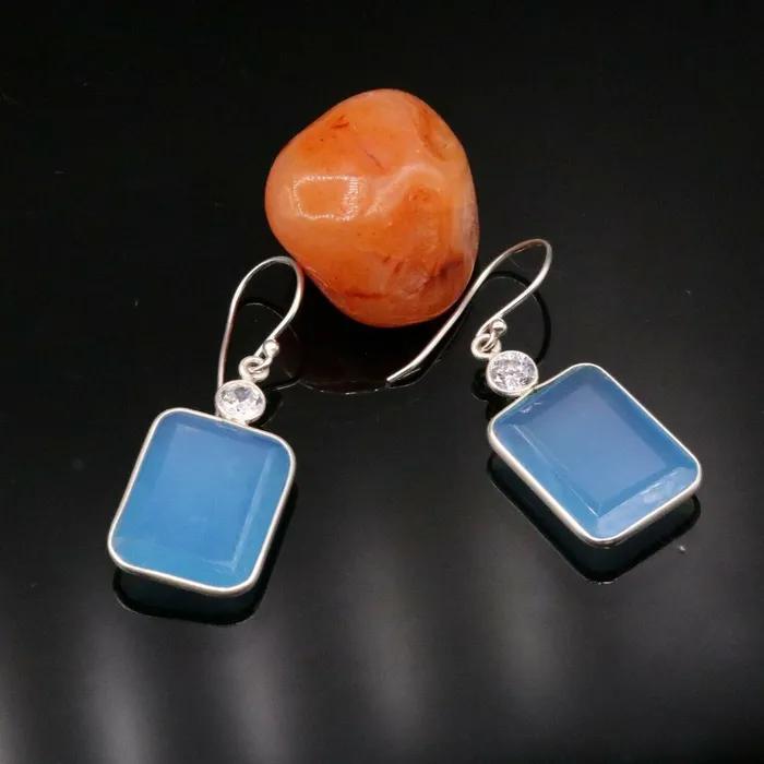TRIBAL ORNAMENTS Pretty sky blue quartz stone 925 sterling silver drop dangle hoops earrings s124 Earrings