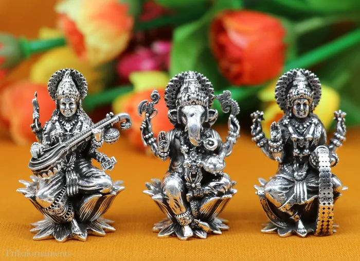 TRIBAL ORNAMENTS Rings 2 925 Sterling silver handmade Hindu idols Laxmi Ganesha and Saraswati statue puja article figurine best Diwali festival puja art55 TRIBAL ORNAMENTS Rings 2 925 Sterling silver handmade Hindu idols Laxmi Ganesha and Saraswati statue puja article figurine best Diwali festival puja art55