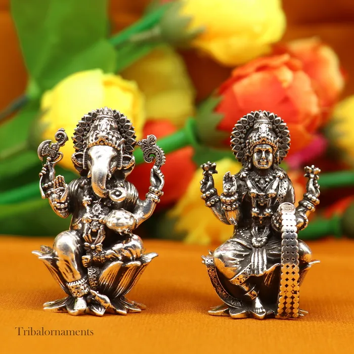 TRIBAL ORNAMENTS Rings 2 925 Sterling silver handmade Hindu idols Laxmi Ganesha and Saraswati statue puja article figurine best Diwali festival puja art55