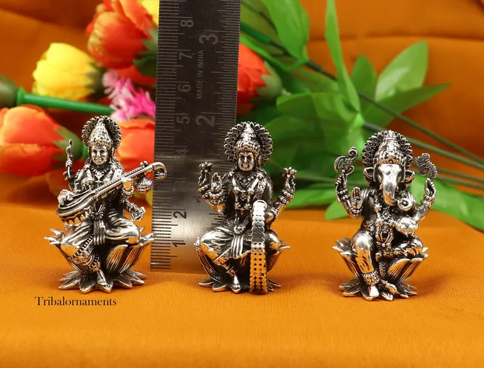 TRIBAL ORNAMENTS Rings 2 925 Sterling silver handmade Hindu idols Laxmi Ganesha and Saraswati statue puja article figurine best Diwali festival puja art55