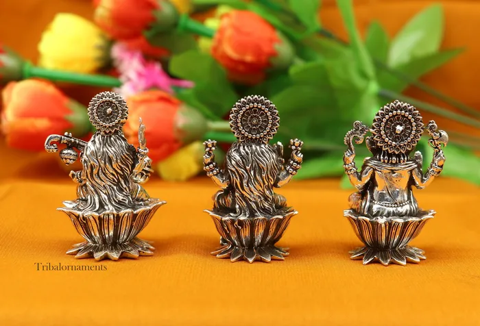 TRIBAL ORNAMENTS Rings 2 925 Sterling silver handmade Hindu idols Laxmi Ganesha and Saraswati statue puja article figurine best Diwali festival puja art55