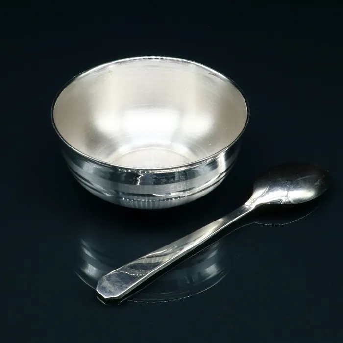 TRIBAL ORNAMENTS Rings 999 fine silver handmade small baby bowl and spoon set silver tumbler flask stay babykids healthy silver vessel utensils sv173