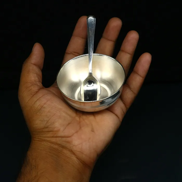 TRIBAL ORNAMENTS Rings 999 fine silver handmade small baby bowl and spoon set silver tumbler flask stay babykids healthy silver vessel utensils sv173