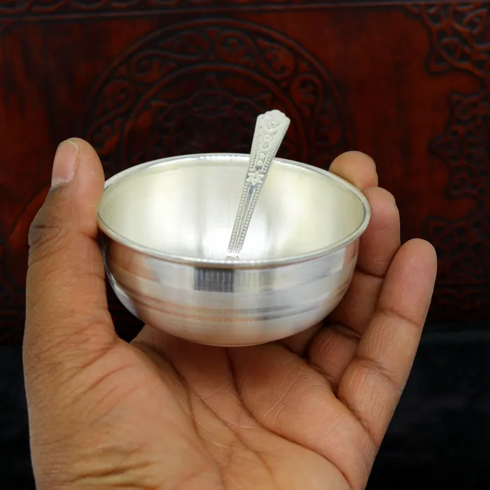 TRIBAL ORNAMENTS Rings 999 solid pure silver handmade utensils bowl and spoon table serving bowl silver vessel baby feeding silver kitchen art baby set sv87