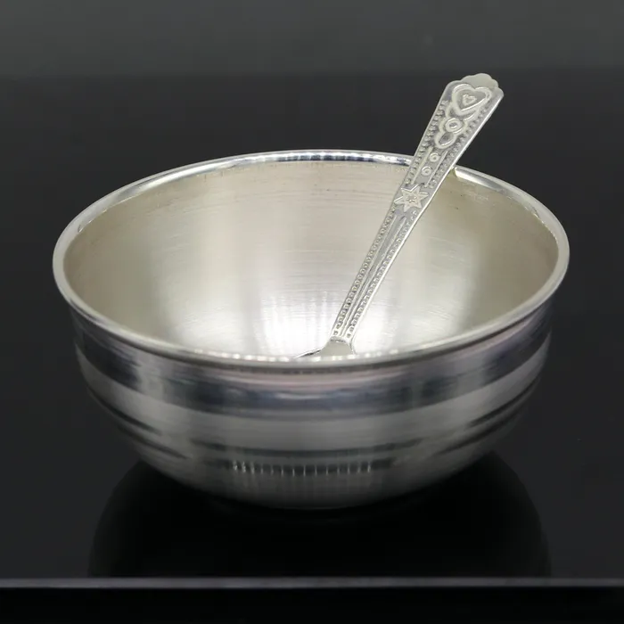 TRIBAL ORNAMENTS Rings 999 solid pure silver handmade utensils bowl and spoon table serving bowl silver vessel baby feeding silver kitchen art baby set sv87