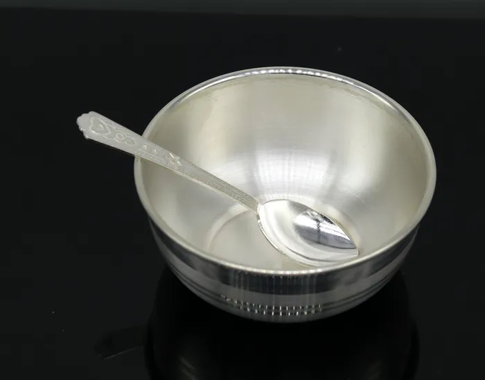 TRIBAL ORNAMENTS Rings 999 solid pure silver handmade utensils bowl and spoon table serving bowl silver vessel baby feeding silver kitchen art baby set sv87