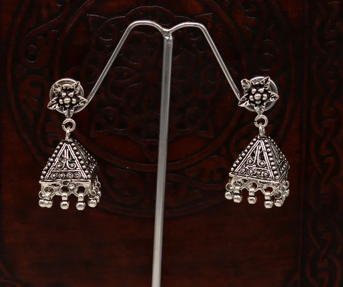 TRIBAL ORNAMENTS Vintage pyramid shape design handmade customized 925 sterling silver tribal belly dance stud earring jhumki chandelier earring ear460 Earrings