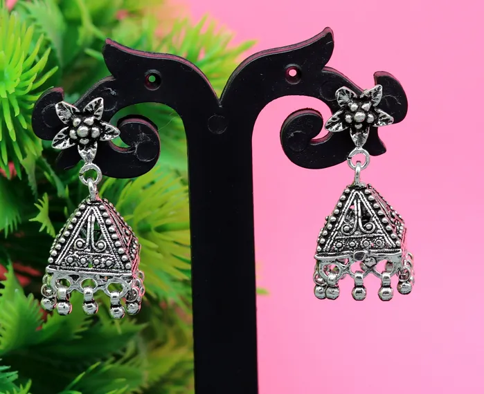 TRIBAL ORNAMENTS Vintage pyramid shape design handmade customized 925 sterling silver tribal belly dance stud earring jhumki chandelier earring ear460 Earrings