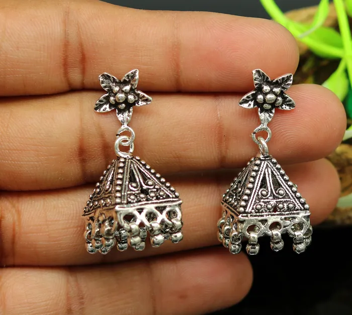 TRIBAL ORNAMENTS Vintage pyramid shape design handmade customized 925 sterling silver tribal belly dance stud earring jhumki chandelier earring ear460 Earrings