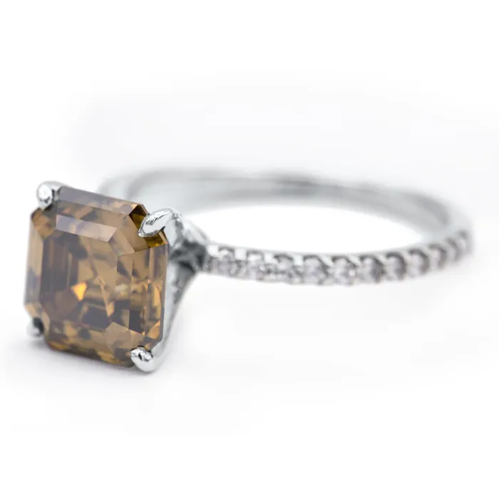 Vintage Cognac Asscher Moissanite 4 Prongs Diamond Accent Ice Solitaire Ring Fire Brilliance Rings