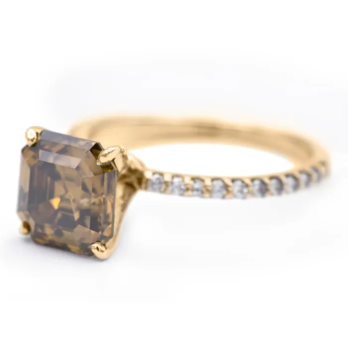 Vintage Cognac Asscher Moissanite 4 Prongs Diamond Accent Ice Solitaire Ring Fire Brilliance Rings