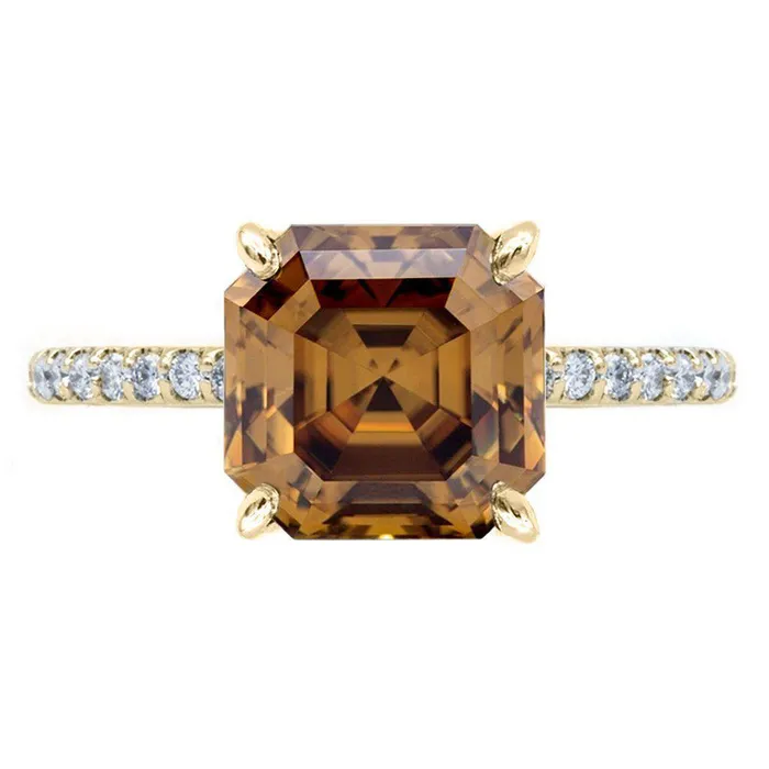 Vintage Cognac Asscher Moissanite 4 Prongs Diamond Accent Ice Solitaire Ring Fire Brilliance Rings