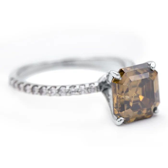 Vintage Cognac Asscher Moissanite 4 Prongs Diamond Accent Ice Solitaire Ring Fire Brilliance Rings