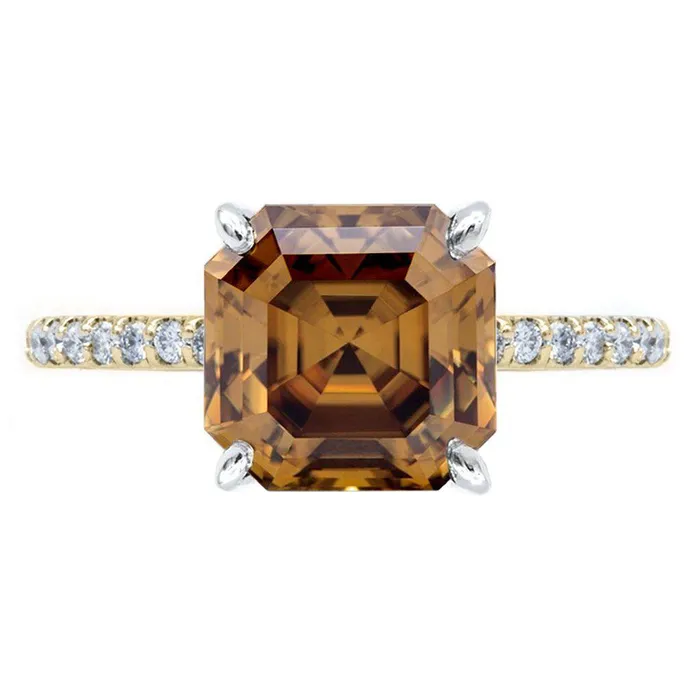 Vintage Cognac Asscher Moissanite 4 Prongs Diamond Accent Ice Solitaire Ring Fire Brilliance Rings