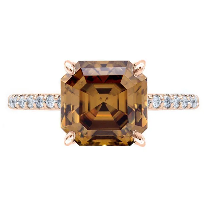 Vintage Cognac Asscher Moissanite 4 Prongs Diamond Accent Ice Solitaire Ring Fire Brilliance Rings