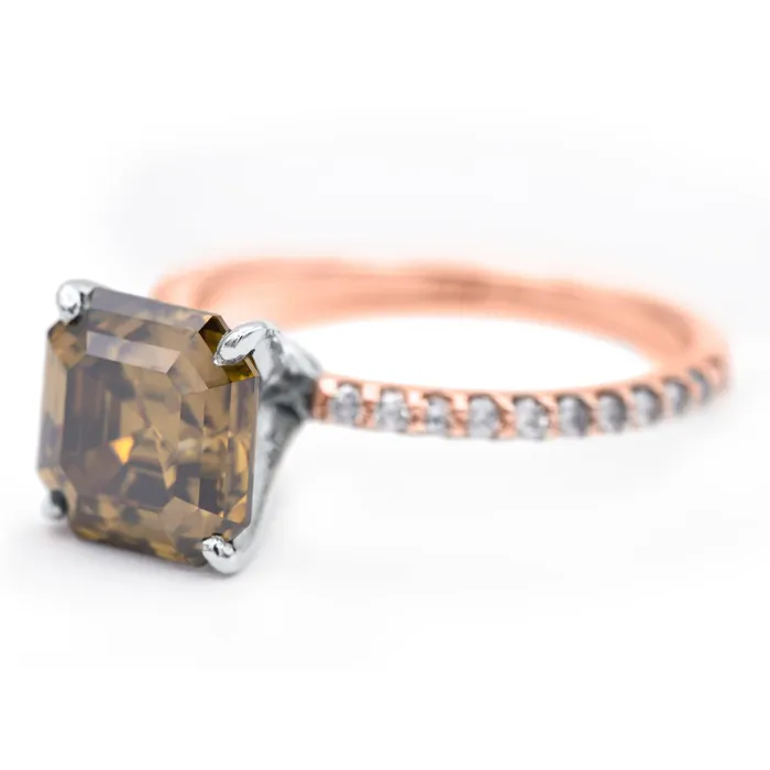 Vintage Cognac Asscher Moissanite 4 Prongs Diamond Accent Ice Solitaire Ring Fire Brilliance Rings