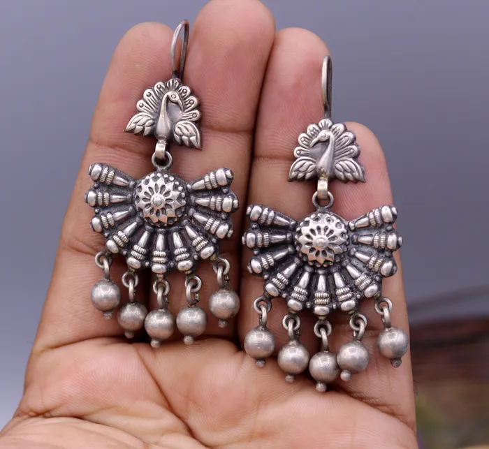 Vintage design 925 sterling silver handmade fabulous peacock hoops earrings with hanging bells tribal jewelry belly dance india s340 TRIBAL ORNAMENTS Earrings Vintage design 925 sterling silver handmade fabulous peacock hoops earrings with hanging bells tribal jewelry belly dance india s340 TRIBAL ORNAMENTS Earrings