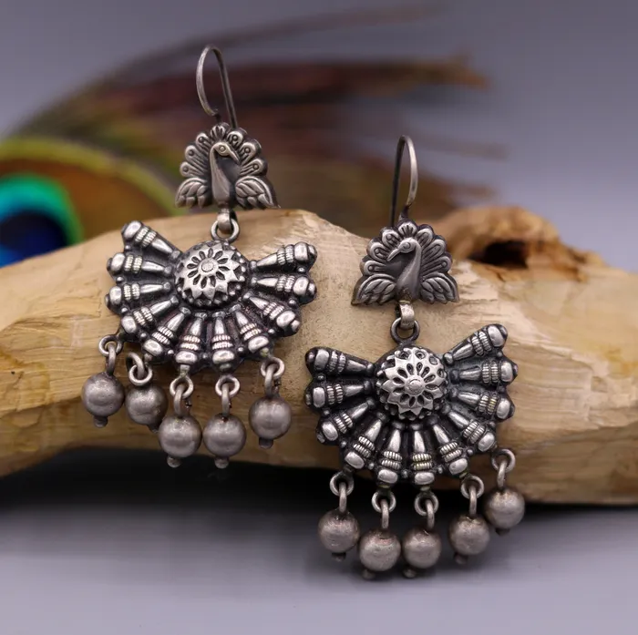 Vintage design 925 sterling silver handmade fabulous peacock hoops earrings with hanging bells tribal jewelry belly dance india s340 TRIBAL ORNAMENTS Earrings Vintage design 925 sterling silver handmade fabulous peacock hoops earrings with hanging bells tribal jewelry belly dance india s340 TRIBAL ORNAMENTS Earrings