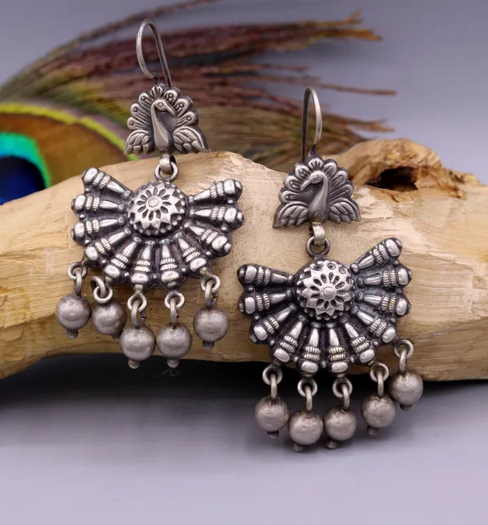 Vintage design 925 sterling silver handmade fabulous peacock hoops earrings with hanging bells tribal jewelry belly dance india s340 TRIBAL ORNAMENTS Earrings Vintage design 925 sterling silver handmade fabulous peacock hoops earrings with hanging bells tribal jewelry belly dance india s340 TRIBAL ORNAMENTS Earrings