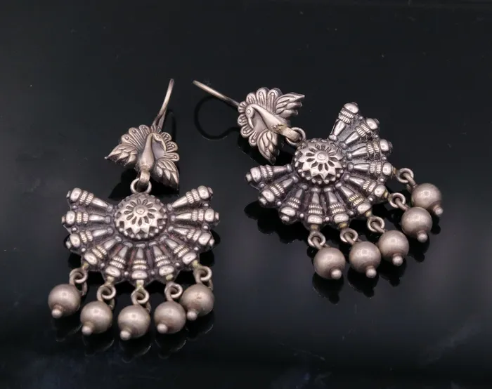 Vintage design 925 sterling silver handmade fabulous peacock hoops earrings with hanging bells tribal jewelry belly dance india s340 TRIBAL ORNAMENTS Earrings Vintage design 925 sterling silver handmade fabulous peacock hoops earrings with hanging bells tribal jewelry belly dance india s340 TRIBAL ORNAMENTS Earrings