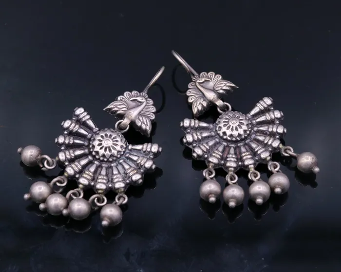 Vintage design 925 sterling silver handmade fabulous peacock hoops earrings with hanging bells tribal jewelry belly dance india s340 TRIBAL ORNAMENTS Earrings Vintage design 925 sterling silver handmade fabulous peacock hoops earrings with hanging bells tribal jewelry belly dance india s340 TRIBAL ORNAMENTS Earrings