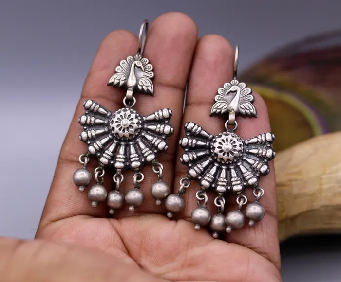 Vintage design 925 sterling silver handmade fabulous peacock hoops earrings with hanging bells tribal jewelry belly dance india s340 TRIBAL ORNAMENTS Earrings Vintage design 925 sterling silver handmade fabulous peacock hoops earrings with hanging bells tribal jewelry belly dance india s340 TRIBAL ORNAMENTS Earrings